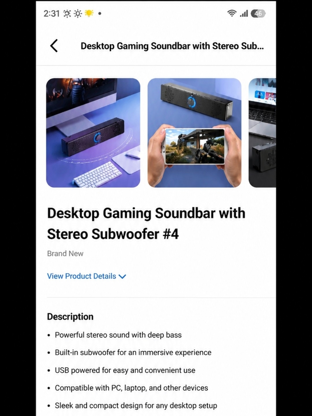 Desktop Gaming Soundbar with Stereo Subwoofer - Black